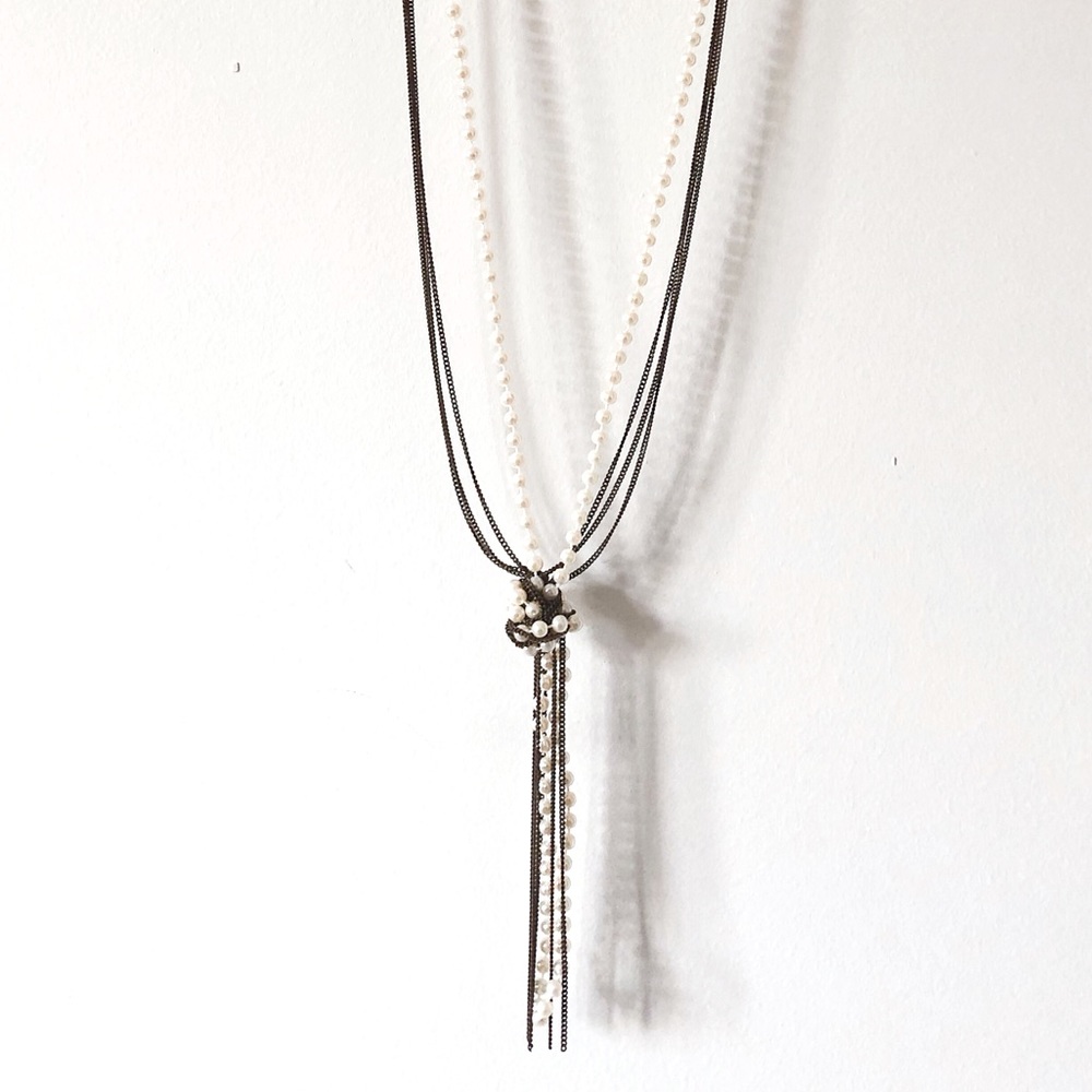 3/$25 Faux Pearl Beaded Bronze Chain Multistrand Layered Long Statement Necklace
